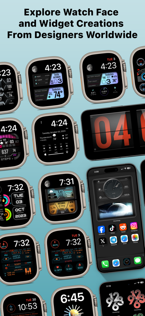 Custom Widgets by Clockology - A gallery showing a variety of custom designed Apple Watch faces and iPhone home screen widgets