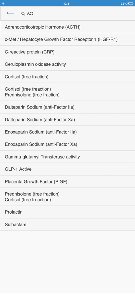 QPS Assay Finder - Una lista de ensayos biológicos buscables dentro de la aplicación móvil QPS Assay Finder.