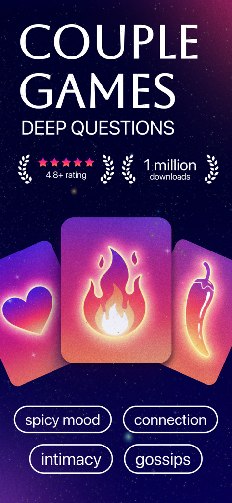 Spice It: Couple Games - Pantalla de introducción de la aplicación Spice It Couple Games con categorías de juegos como intimidad y conexión sobre un fondo de noche estrellada