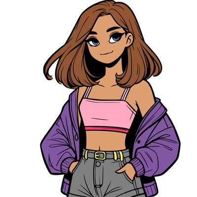 a realistic girl with a crop top and short shorts in an open jacket