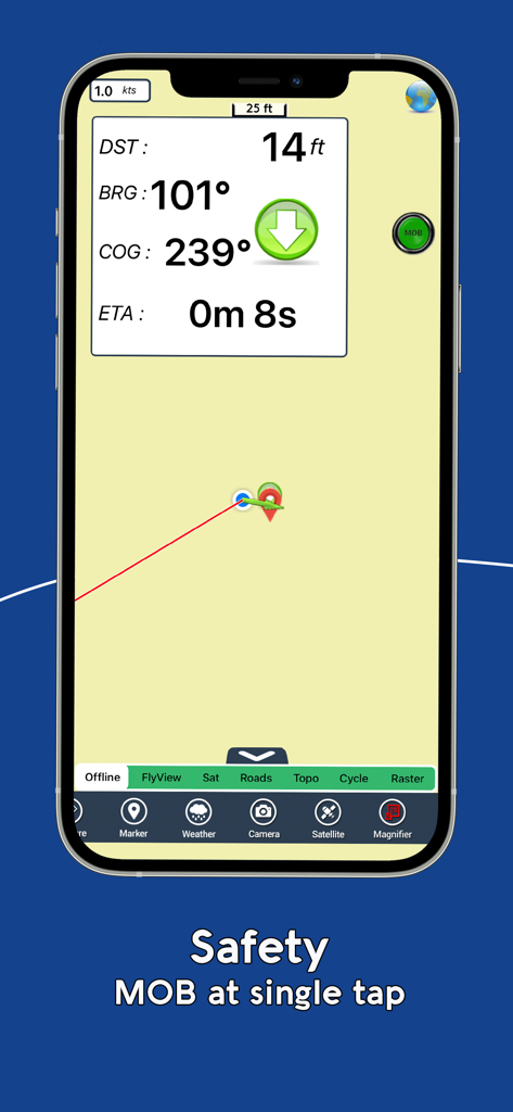 AIS Maps: Marine & Lake charts - AIS Mapsアプリインターフェイス。マン・オーバーボード（海難者）安全機能とリアルタイムナビゲーションデータが表示されています。