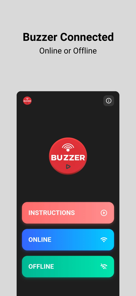 Buzzer connect - Menú principal de la aplicación Buzzer Connect que muestra opciones para modos de juego en línea y fuera de línea