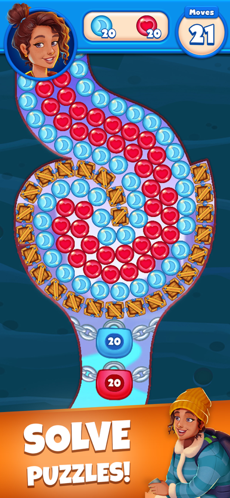 Joy Blast - Joy Blast game screen showing a physics puzzle with colorful bubbles and characters
