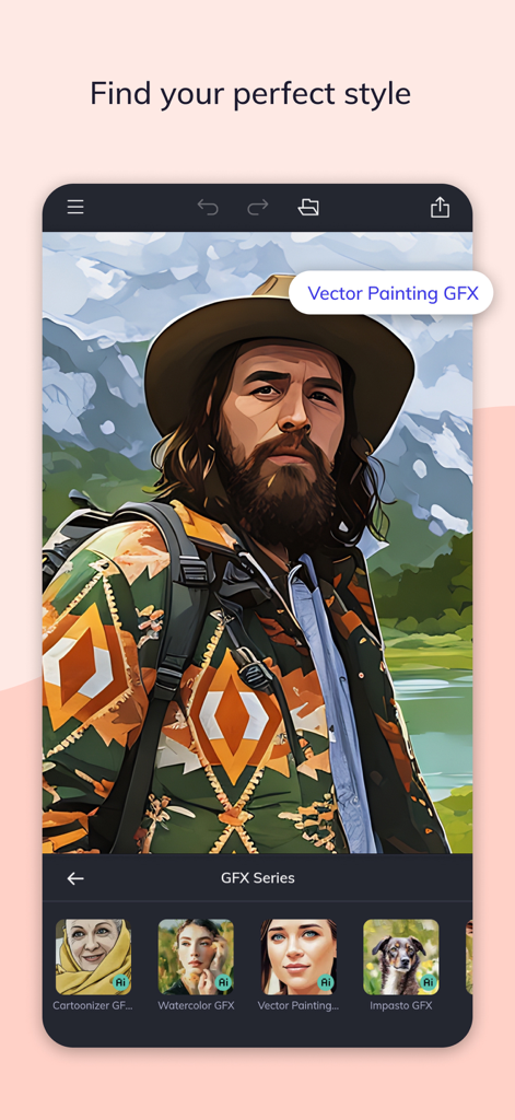 BeFunky - BeFunky 앱 인터페이스에서 남성 초상화에 적용된 벡터 페인팅 예술 효과를 보여줌