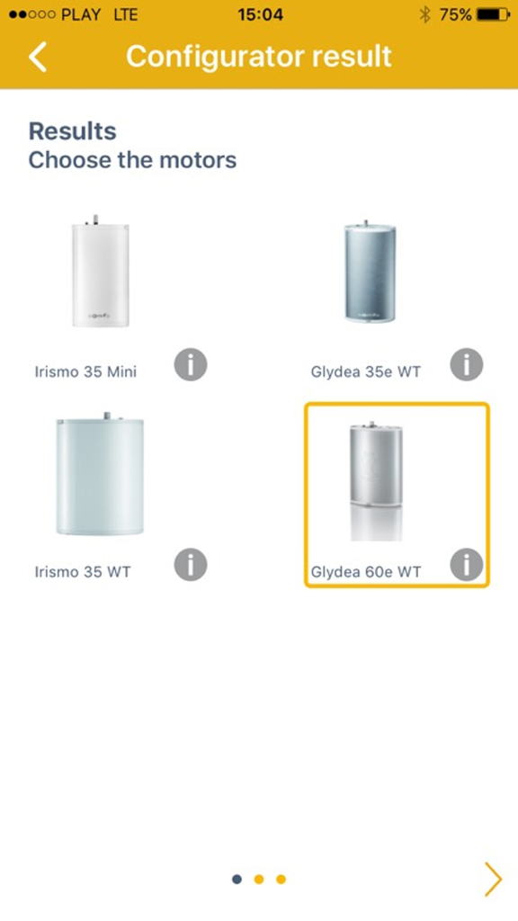 Somfy app interface showing a selection of motorized curtain systems including Glydea and Irismo models