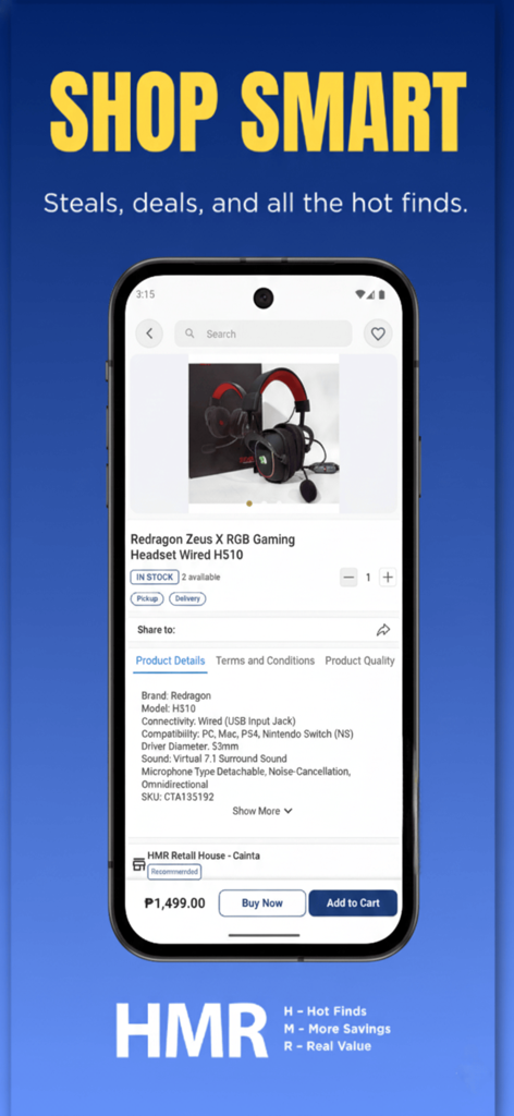 HMR.ph - HMR ph app showing a product listing for a gaming headset with the slogan Shop Smart Steals and Deals