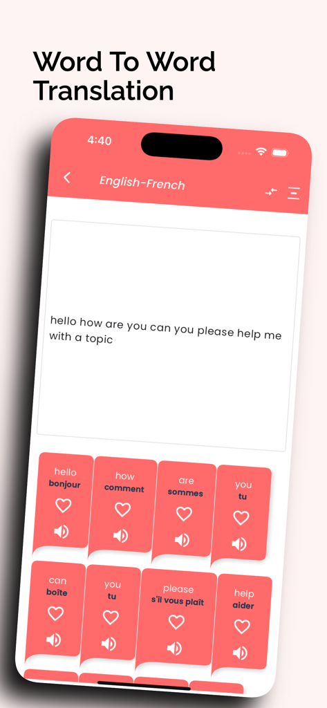 French Translator Offline - 발음 아이콘이 있는 단어별 영어-프랑스어 번역 카드가 표시된 프랑스어 번역기 오프라인 앱 인터페이스