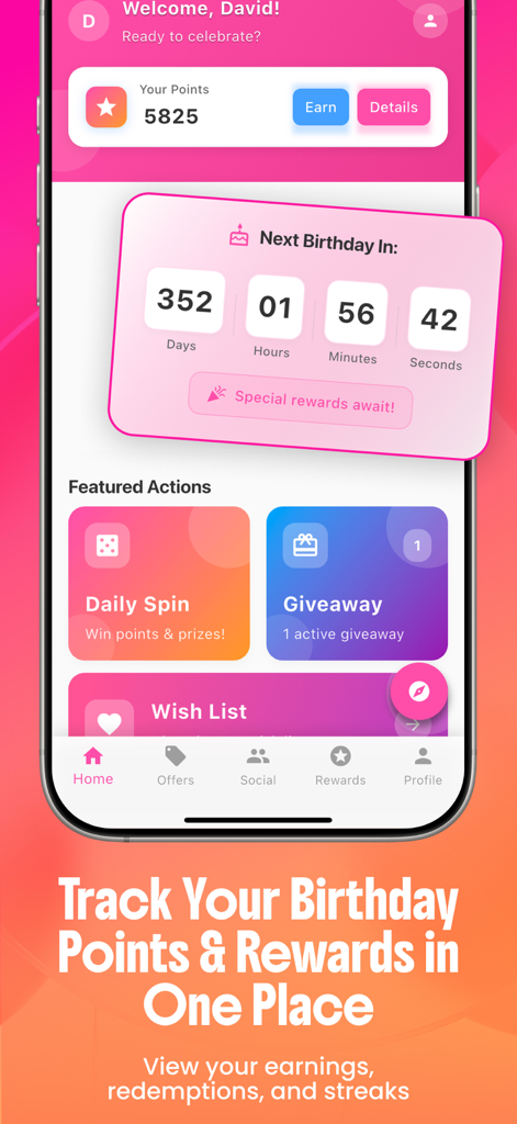 Birthday Hunter: BDay Freebies - Birthday Hunter app screen displaying user reward points and a countdown to the next birthday