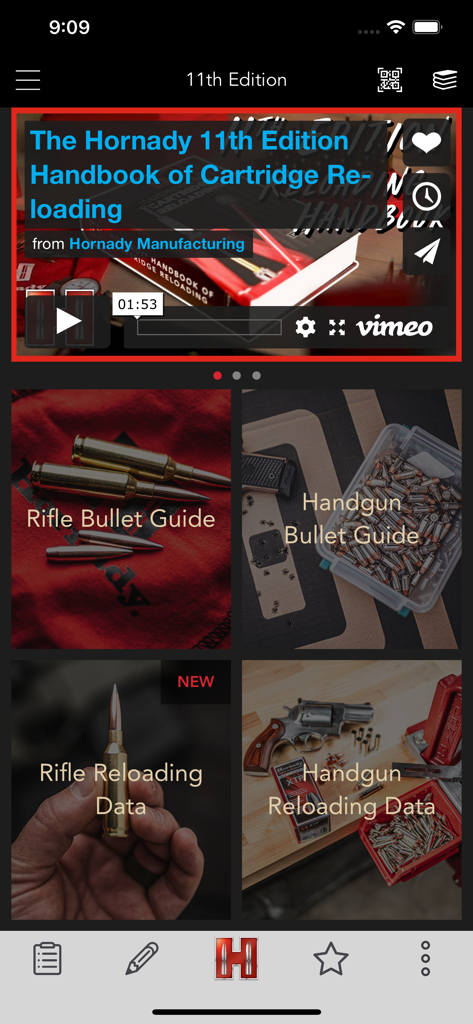 Hornady Reloading Guide app interface showing rifle and handgun data categories