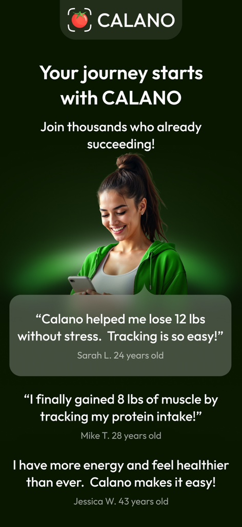 User testimonials and success stories for the Calano calorie tracker app