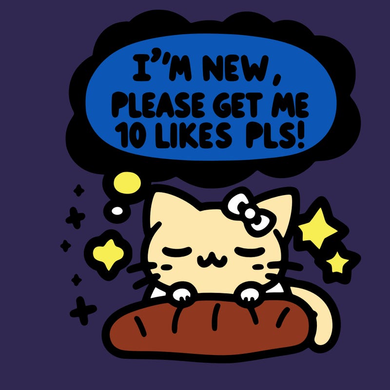 kitty taking a nap dream talking and saying "i'm new, please get me at least 10 likes pls!!"