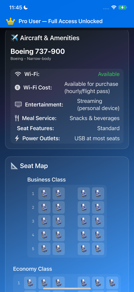 Aircraft amenities and seat map for a Boeing 737-900 in the Plane Seat Pro app