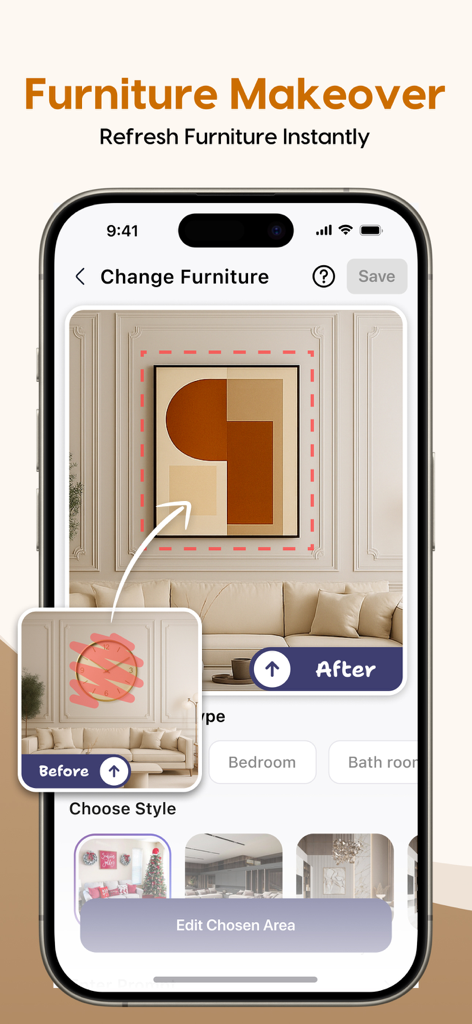 AI Interior Design Home Decor - Before and after comparison showing a wall clock replaced by abstract art using an AI furniture makeover app feature