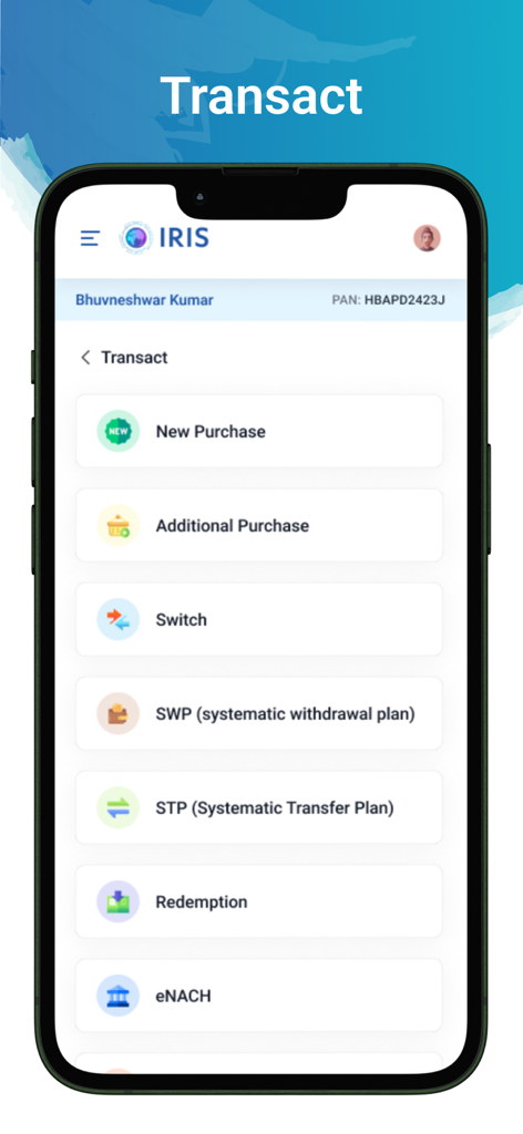 IRIS by Kfintech - Pantalla de opciones de transacción de IRIS by Kfintech que muestra opciones para compras y reembolsos de fondos mutuos