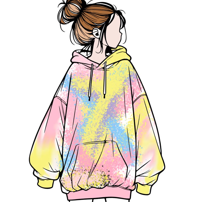 realistic girl with a oversized sweatshirt on and a bun