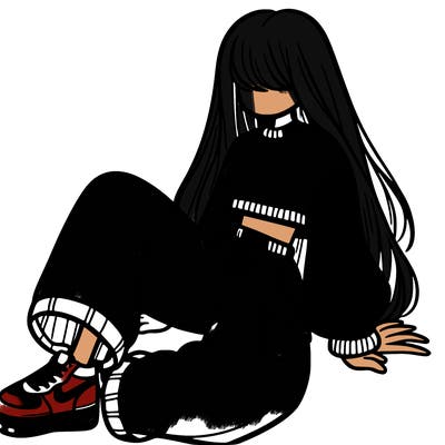 a girl with baggy pants and a crop top with long hair