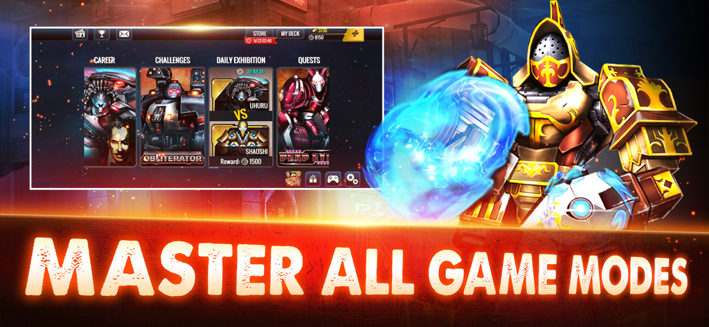 Menu d'Ultimate Robot Fighting présentant les défis de carrière et les modes de jeu de quêtes avec un robot gladiateur