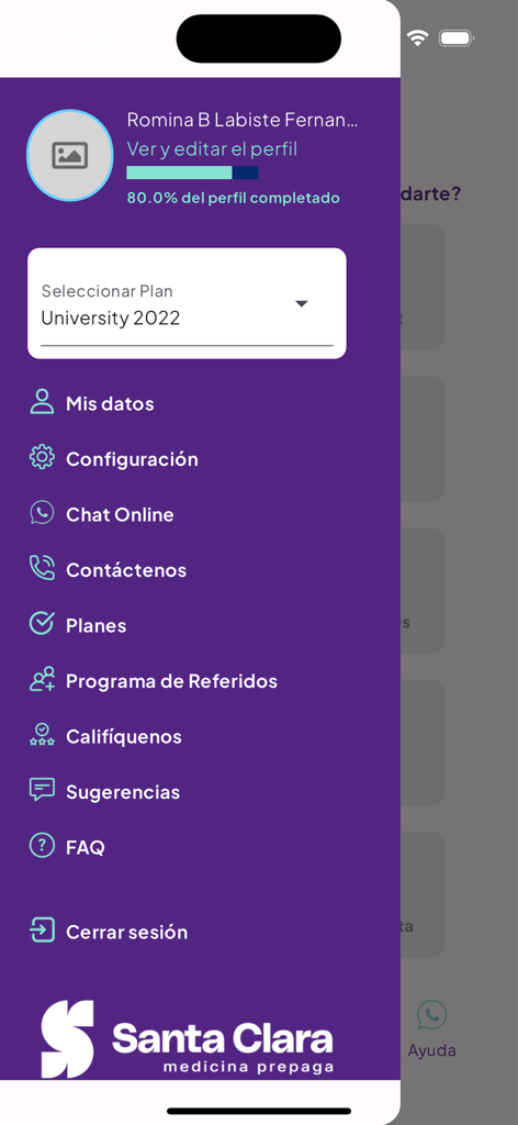 Santa Clara Medicina Prepaga - Menú de navegación de la aplicación móvil Santa Clara Medicina Prepaga que muestra el perfil del usuario y la configuración de la cuenta.