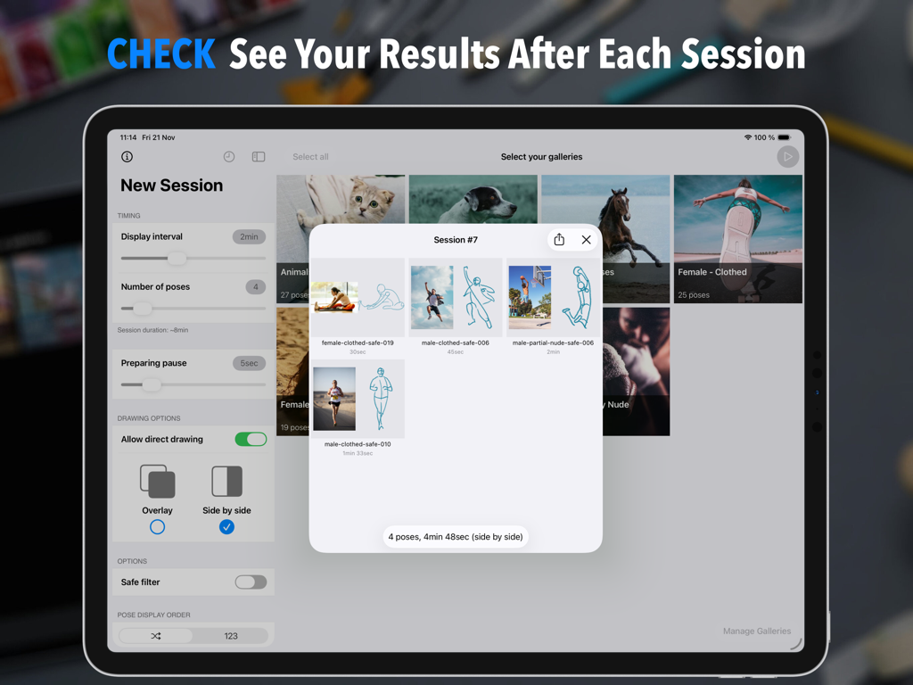 Resumen de sesión de la aplicación Quick Poses mostrando una serie de bocetos gestuales del usuario junto a sus fotos de referencia en un iPad.