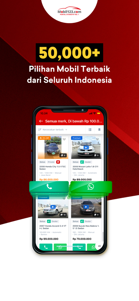 Mobil123.com Mobil baru-bekas - A smartphone showing car listings on the Mobil123 app with over 50000 options in Indonesia