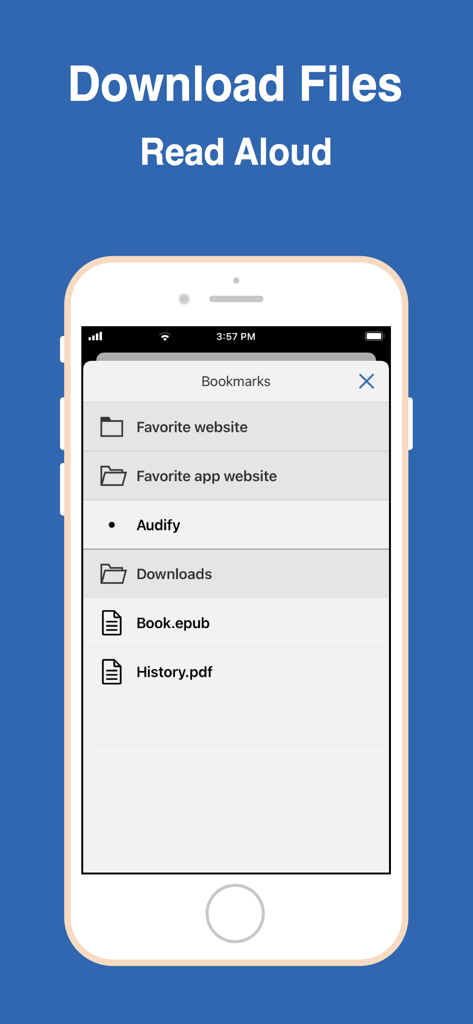 Audify read aloud web browser - 소리 내어 읽을 준비가 된 다운로드된 ePub 및 PDF 파일을 보여주는 Audify 앱의 북마크 메뉴