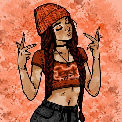 realistic teenage girl with braids and a beanie and crop top doing 🫶🏼