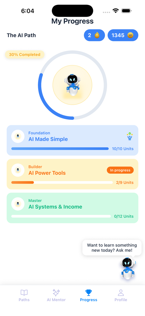 brAInify App - Das Dashboard "Mein Fortschritt" der brAInify-App, das Lernpfad-Level, tägliche Serien und XP-Punkte anzeigt