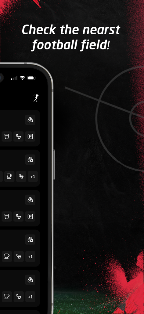 Playfootball ME - Playfootball ME app interface showing a list of nearby football fields with icons for facilities like parking and restrooms