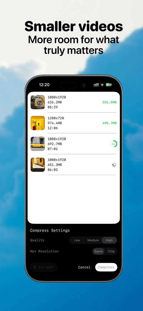 동영상 압축 설정 및 저장 공간 절약 결과를 표시하는 ByePhotos 앱 화면