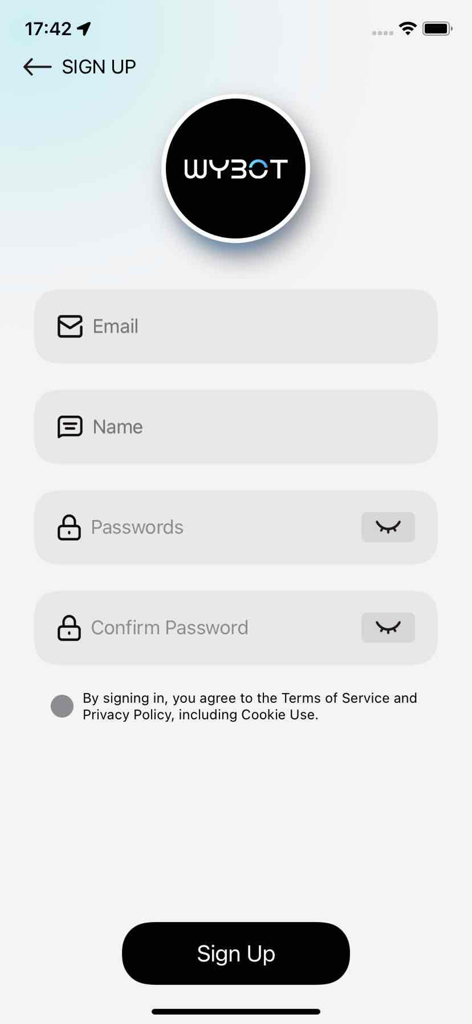 WYBOT - Sign up page for the WYBOT pool cleaning robot app showing registration fields for name email and password