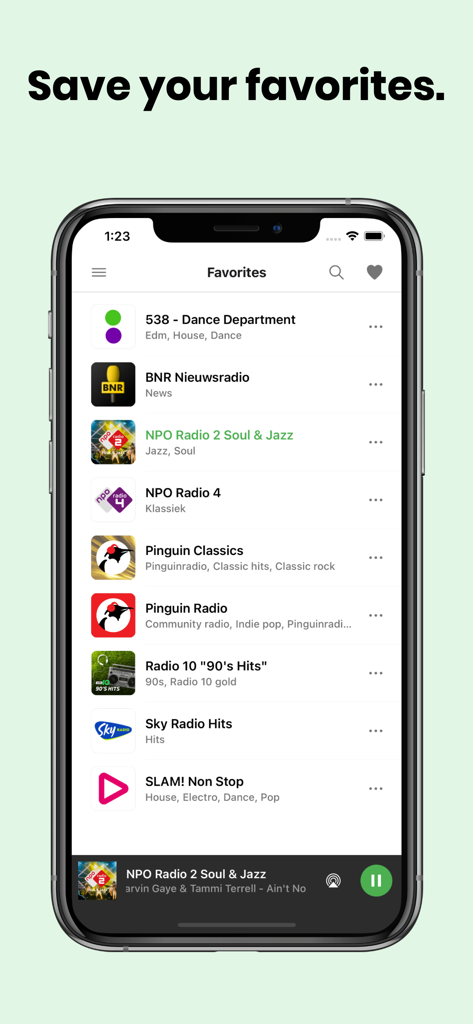 Radio App ‣ - iPhone screen showing the favorites section of a minimalist radio app with various saved music and news stations.