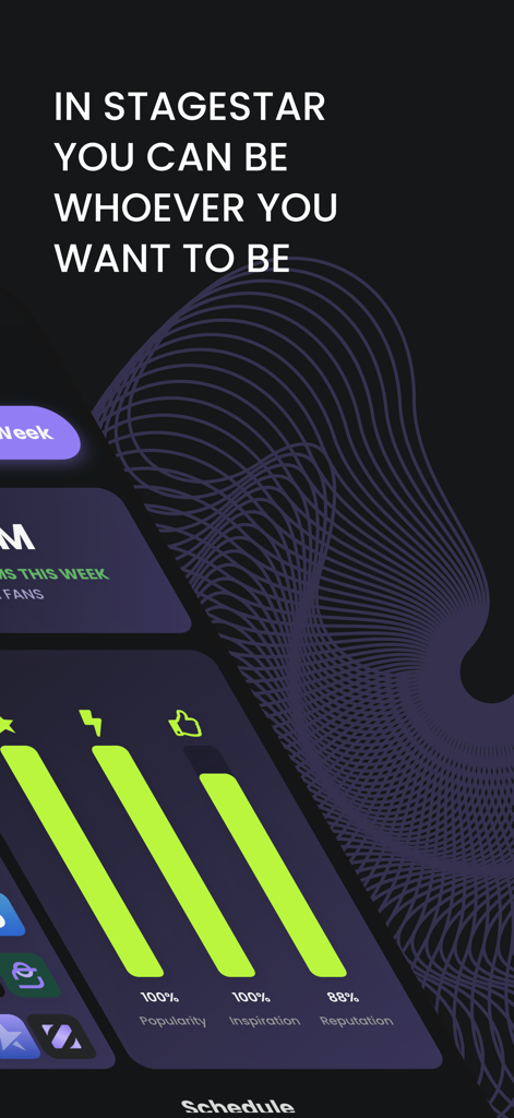 StageStar - Interface of StageStar music simulator showing popularity and reputation statistics