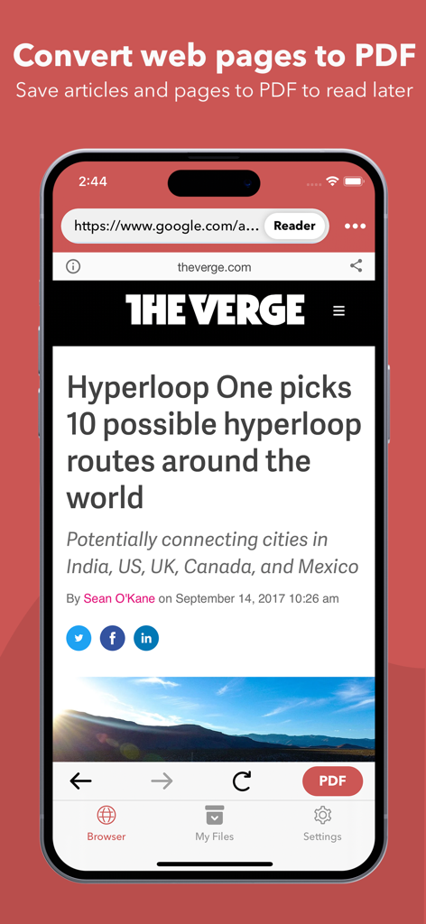 Web to PDF Converter & Reader - iPhone display showing the Web to PDF Converter app converting an article