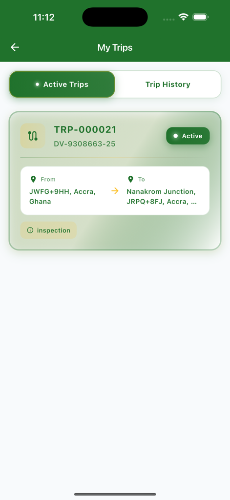 DVLA Ghana - A mobile interface for the DVLA Ghana app showing an active trip record with route details and a status indicator.