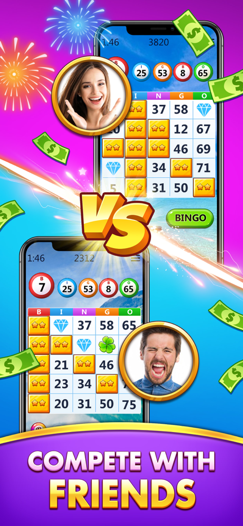 Two players competing head-to-head in a skill-based bingo match for cash prizes