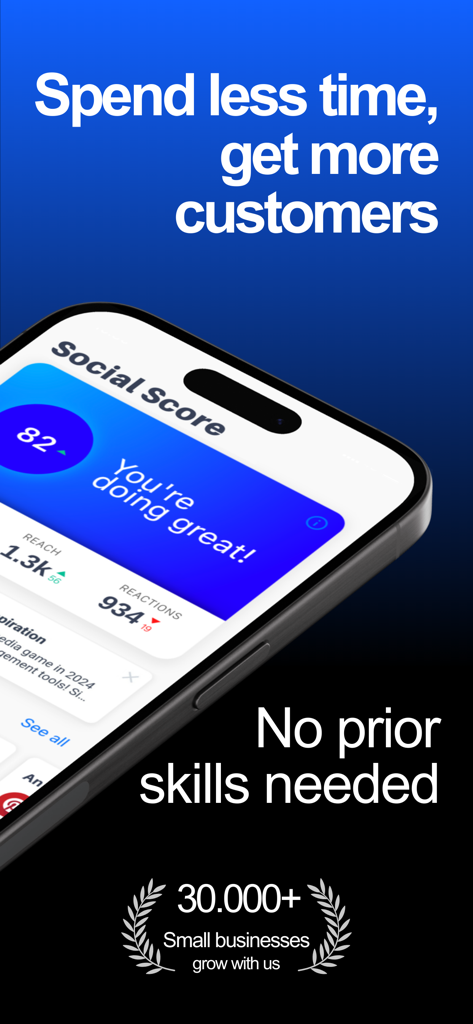 Hookle: Social Media Manager - Smartphone screen showing Hookle social score and reach metrics for small business owners.