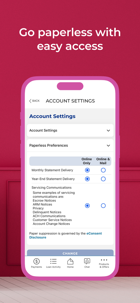 PENNYMAC MOBILE - Pantalla de la aplicación PennyMac Mobile que muestra las preferencias de entrega sin papel para extractos de hipoteca y comunicaciones