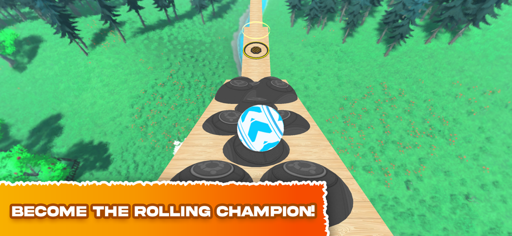 Una bola azul y blanca rodando navegando por una estrecha pista de madera en un entorno forestal 3D