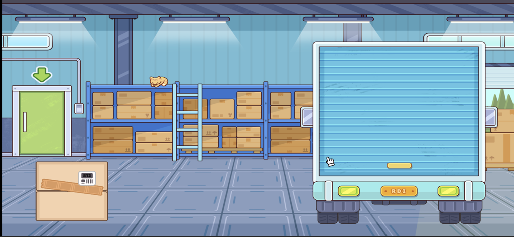 Pack & Ship - A delivery truck parked inside a cozy warehouse with shelves of boxes in the Pack and Ship game