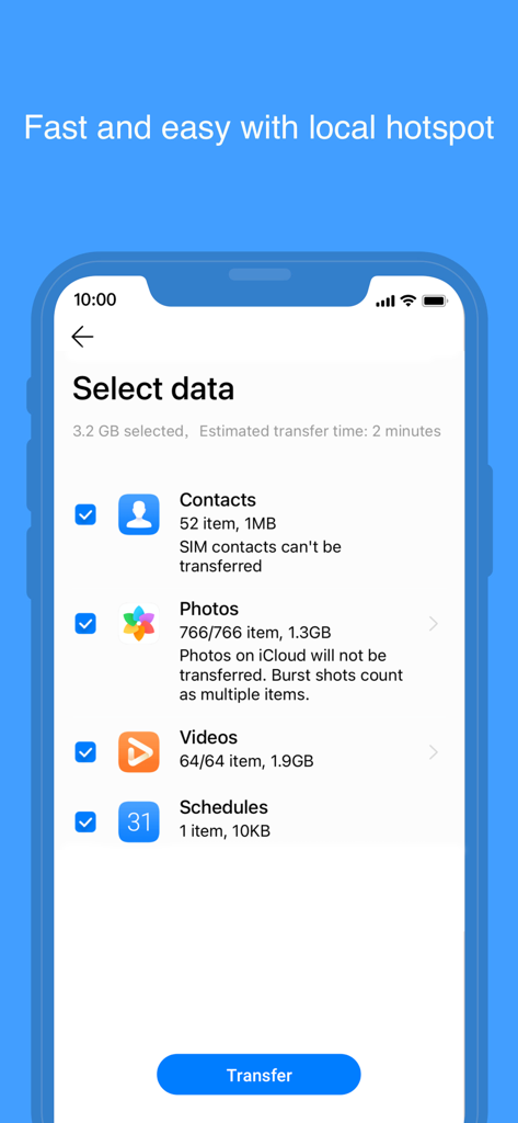 L'interface de HUAWEI Phone Clone affiche les options permettant de sélectionner les contacts, photos et vidéos à transférer.