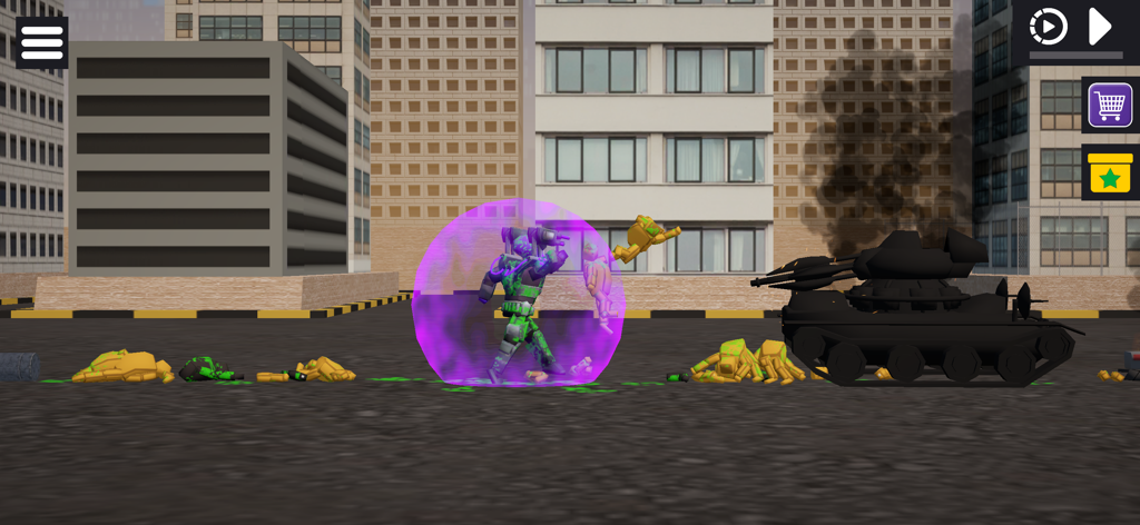 A character in a purple energy shield and a black tank in an urban sandbox battleground