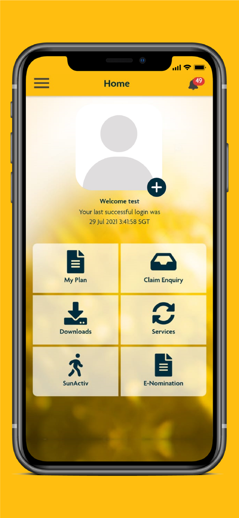 Home screen dashboard of the SunAccess Malaysia mobile app featuring insurance and wellness services