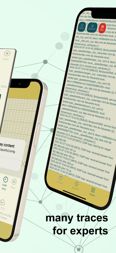 WiFi Network Tools & Maps - Smartphone screens displaying network traces and mDNS discovery logs in the WiFi Network Tools app.