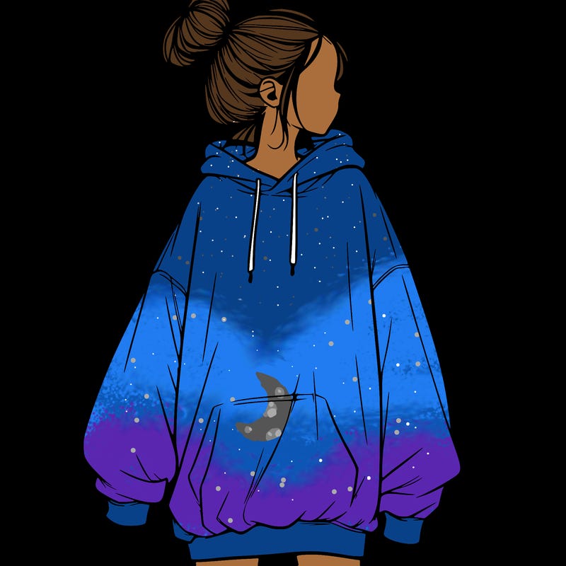 realistic girl with a oversized sweatshirt on and a bun
