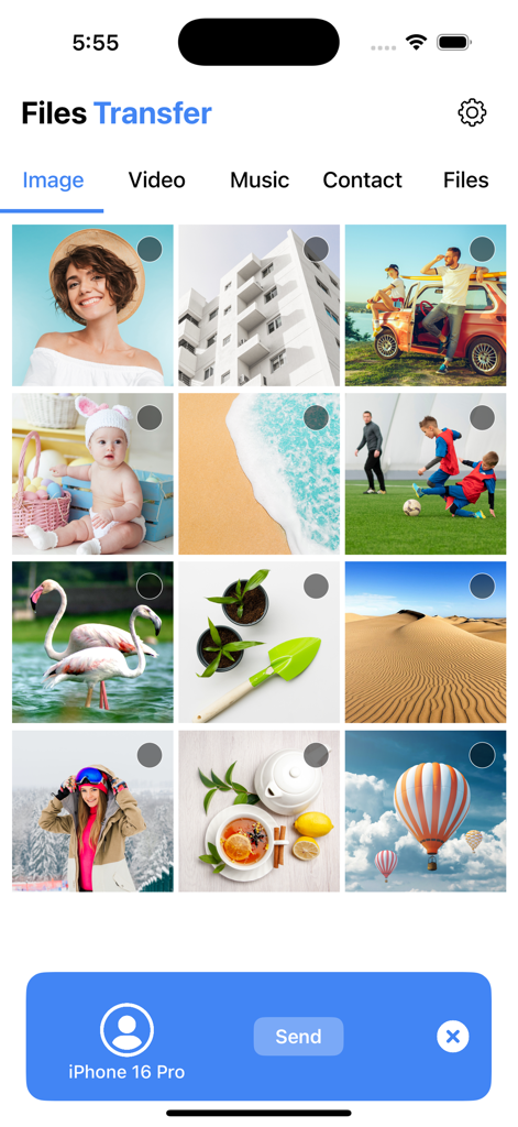 ShareMe: Fast File Share - Interfaz de la aplicación ShareMe mostrando una cuadrícula de fotos seleccionadas para transferir desde un iPhone