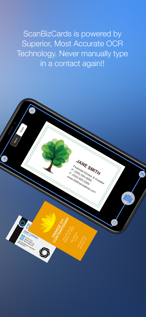 ScanBizCards - Smartphone screen showing the ScanBizCards app scanning a business card with OCR technology