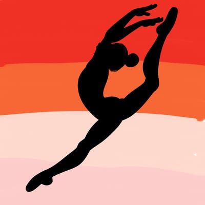 gymnast doing a leap in a leotard with a bent back leg