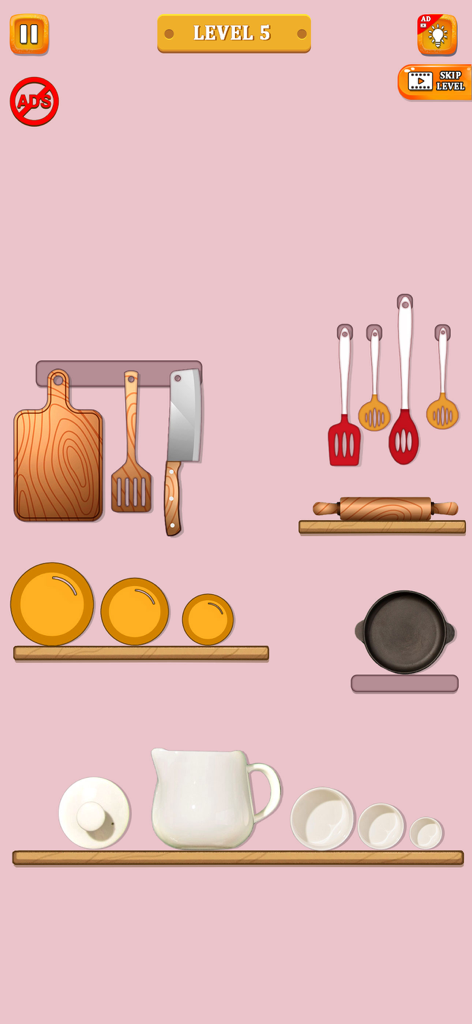 Organize It Perfect Tidy Life - Un nivel de organización de cocina en el juego de puzzles Organize It con utensilios de madera y cuencos blancos