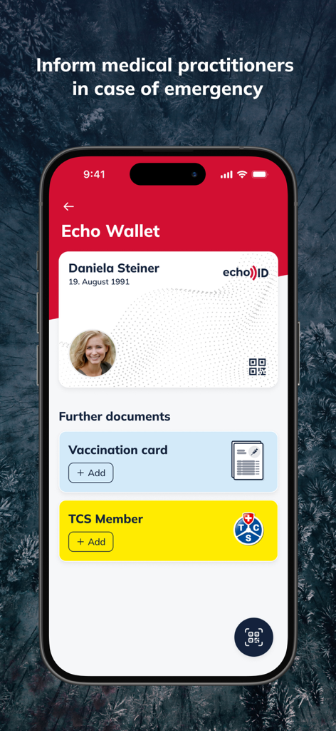 Screenshot of the EchoSOS Echo Wallet showing a digital ID card and sections for vaccination cards and membership documents.