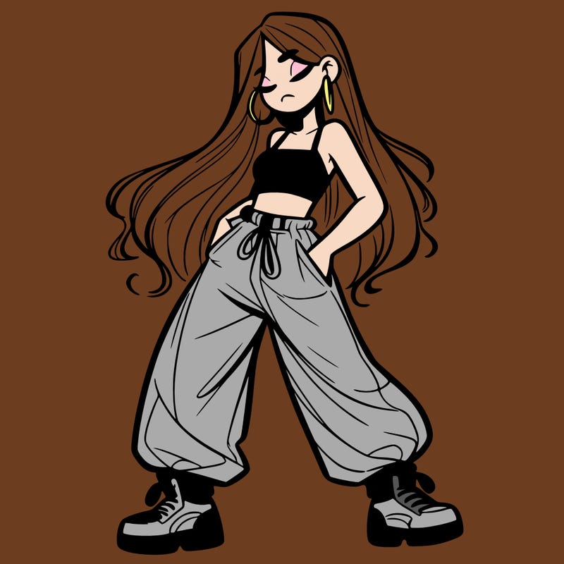 girl in baggy pants crop top and long hair